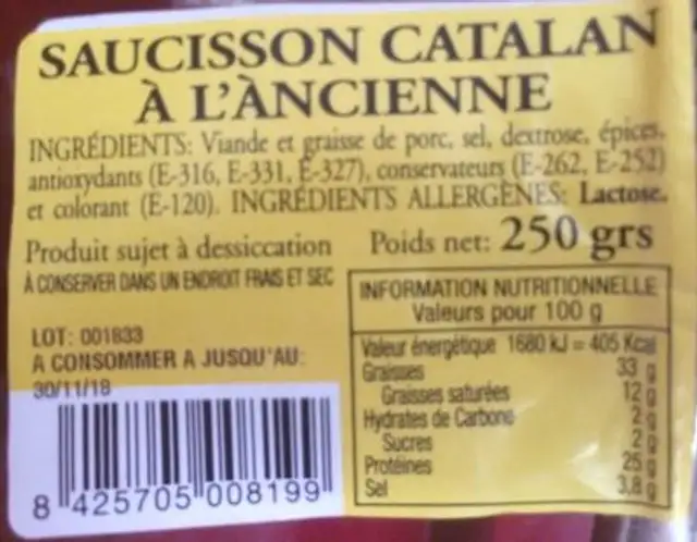 Saucisson Catalan à l'Ancienne ingredients label