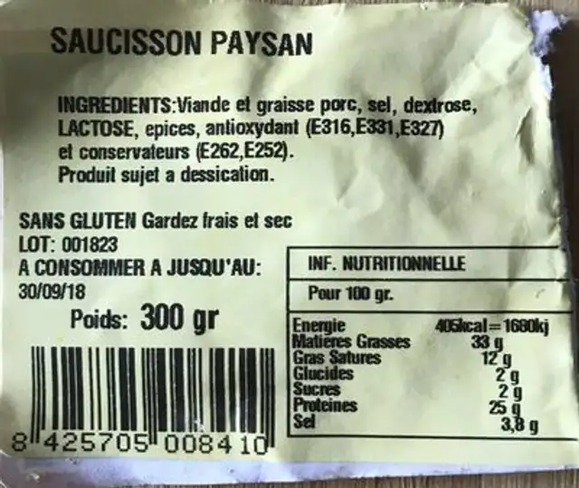Saucisson Paysan ingredients label