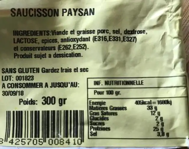 Saucisson Paysan nutrition facts table
