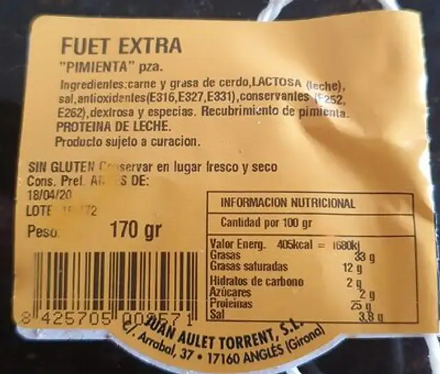 Fuet de pebre nutrition facts table