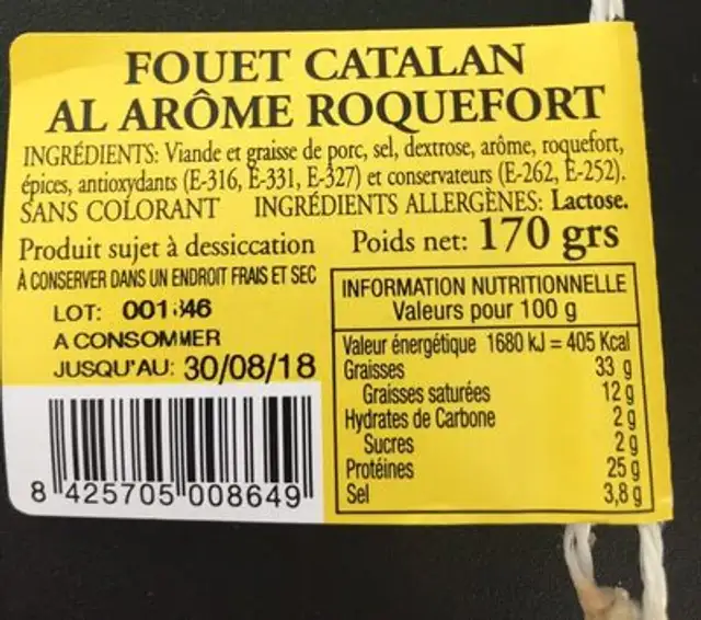 Fouet catalan arôme roquefort ingredients label