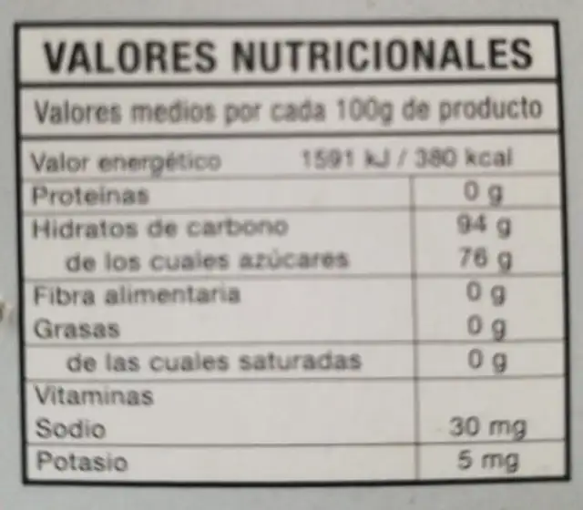 Aloe Vera confitado ingredients label