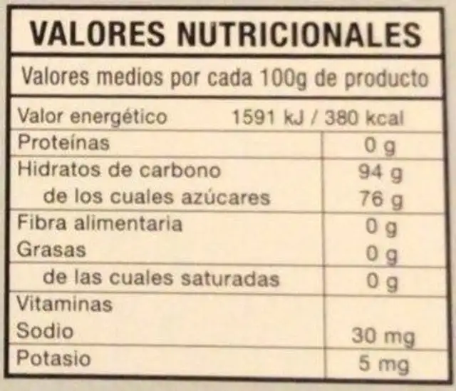 Aloe Vera confitado nutrition facts table