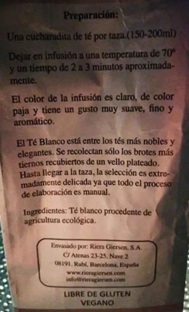 Te blanco Pai Mu Tan lo nutrition facts table