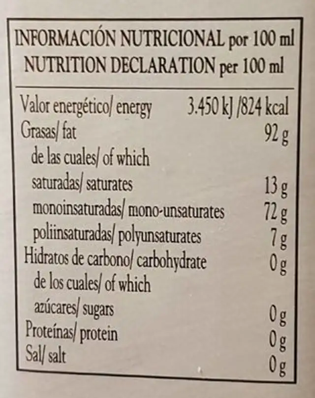 Huile d'olive vierge nutrition facts table