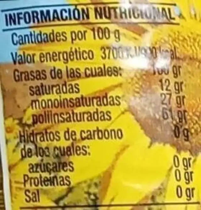 Aceite de girasol nutrition facts table