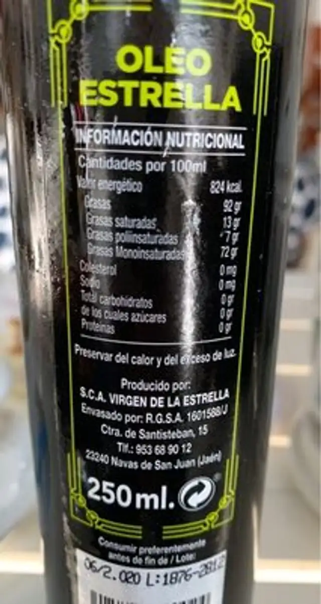 Aceite de oliva virgen extra nutrition facts table
