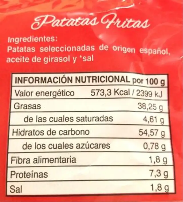 Patatas fritas Bustarviejo nutrition facts table