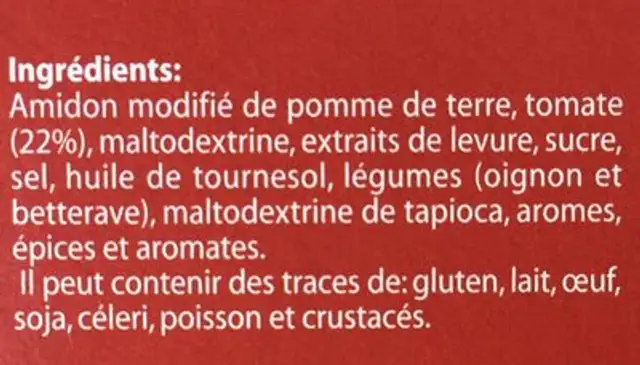 Soupe instantanée tomates ingredients label