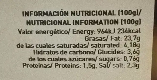 Aceitunas Mojo Picón nutrition facts table