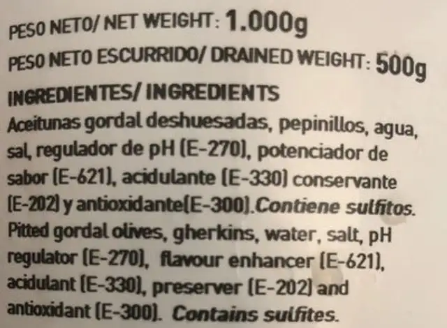 Gordal con pepino ingredients label