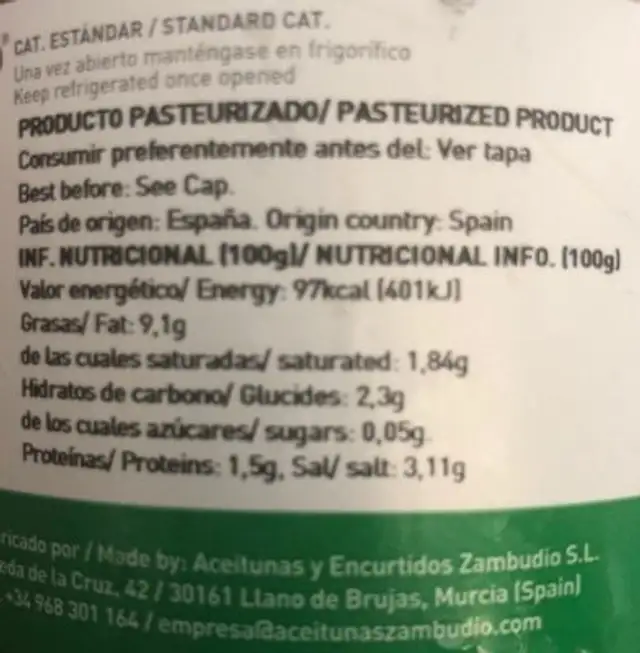 Gordal con pepino nutrition facts table