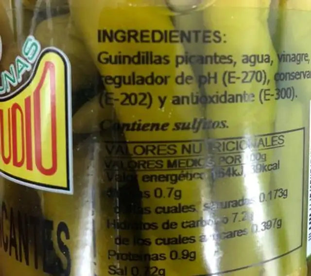 Guidillas picantes ingredients label