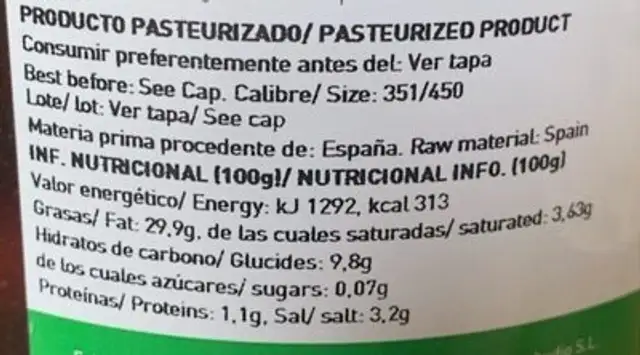 Cuquillo Partido nutrition facts table