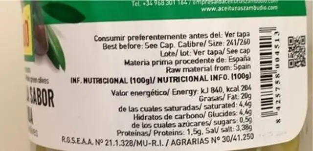 manzanilla sabor anchoa nutrition facts table