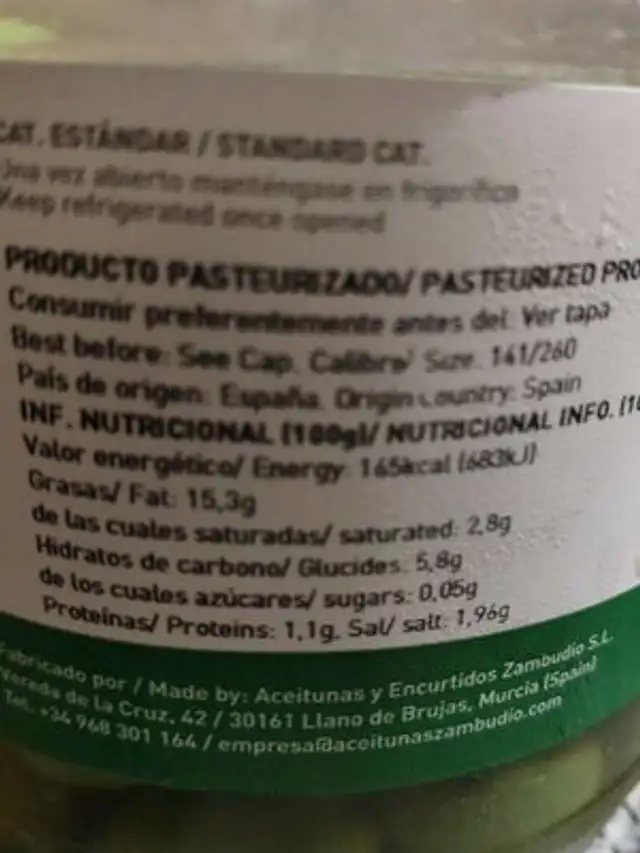 Aceitunas verdes yeyé reducida en sal nutrition facts table