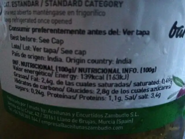 Banderillas dulces enteras nutrition facts table