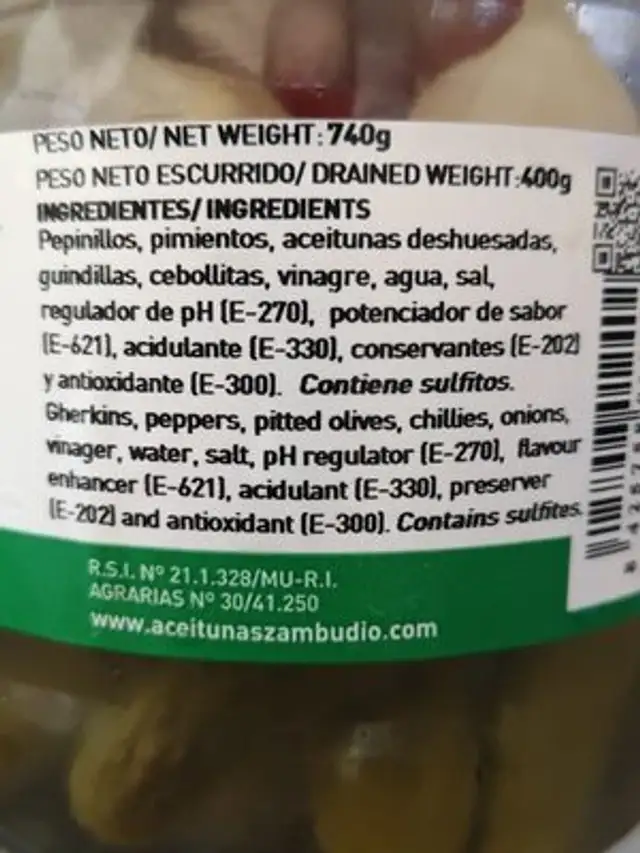 Banderillas picantes enteras ingredients label