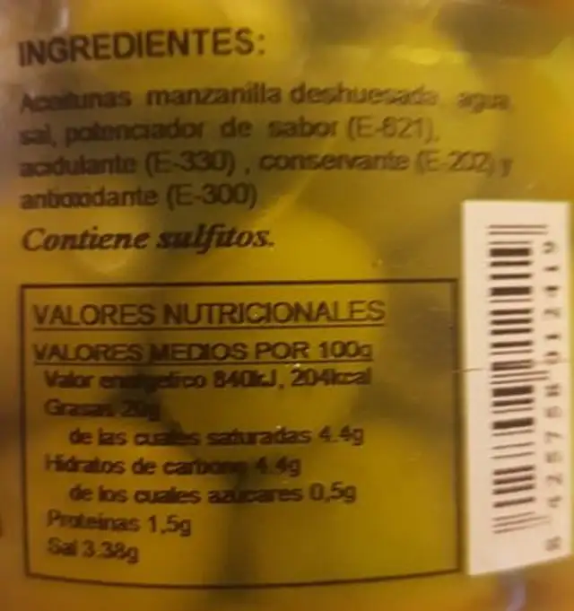 Olives vertes ingredients label