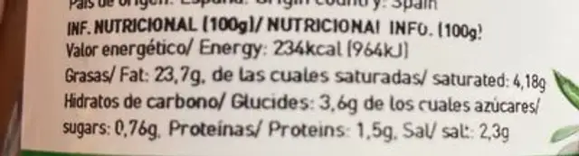 Aceitunas verdes partidas aliñadas nutrition facts table