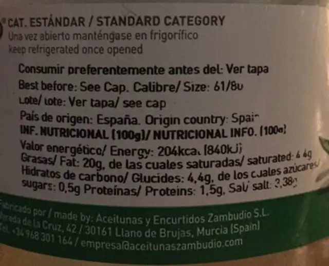 Gordal sabor anchoa nutrition facts table
