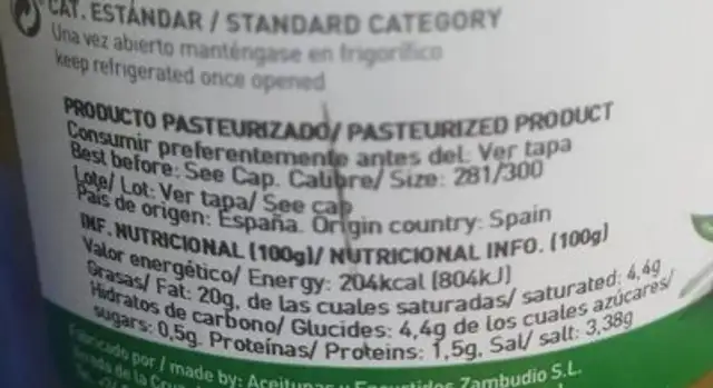 Aceitunaa verdes deshuesadas nutrition facts table