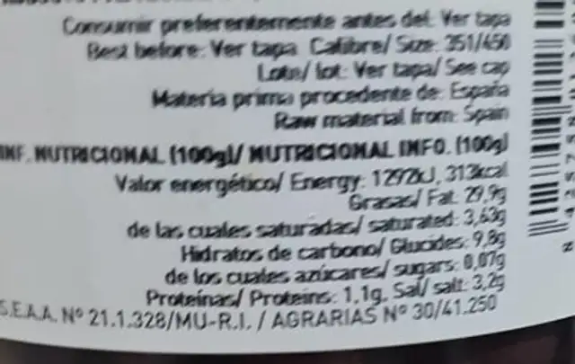 Cuquillo nutrition facts table