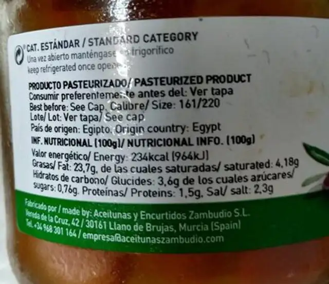 Aceitunas Mono Picón nutrition facts table