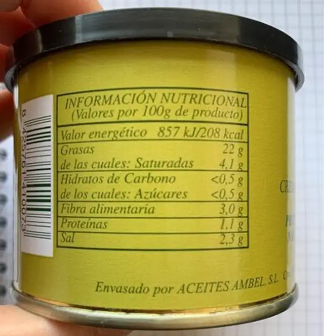 Oliambel nutrition facts table