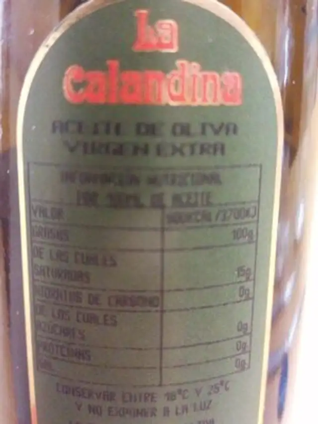 Aceite de oliva virgen extra nutrition facts table