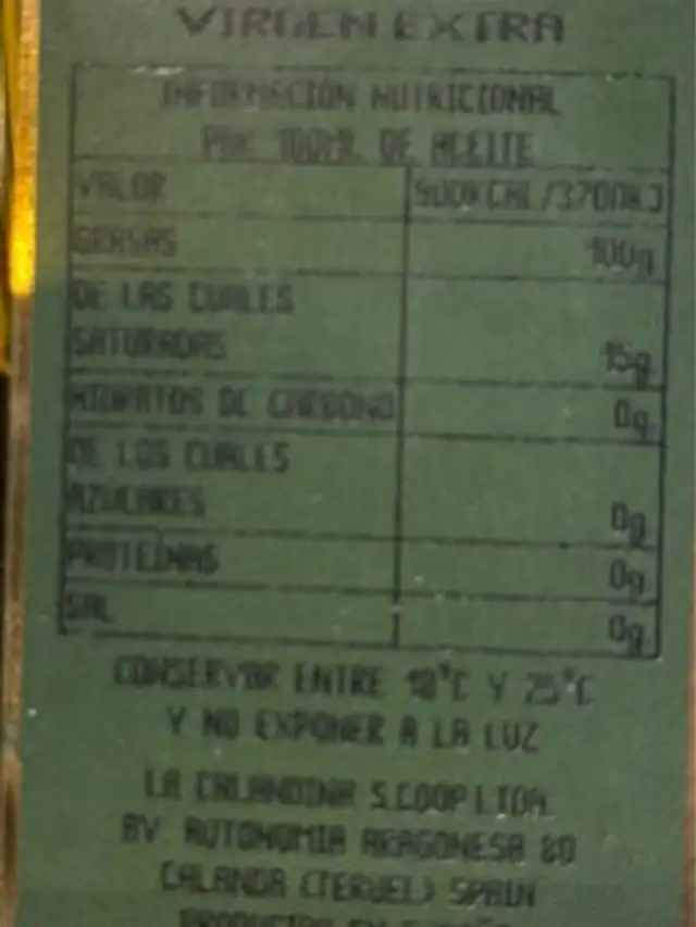 Aceite de oliva virgen extra nutrition facts table