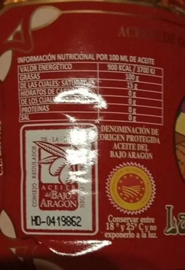 Aceite nutrition facts table