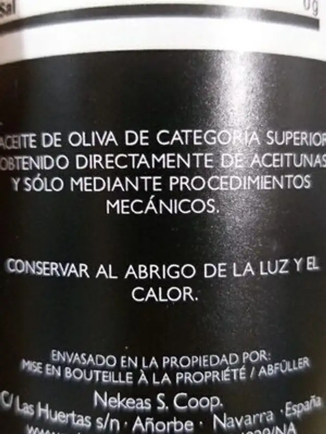 Aceite de oliva virgen extra ingredients label
