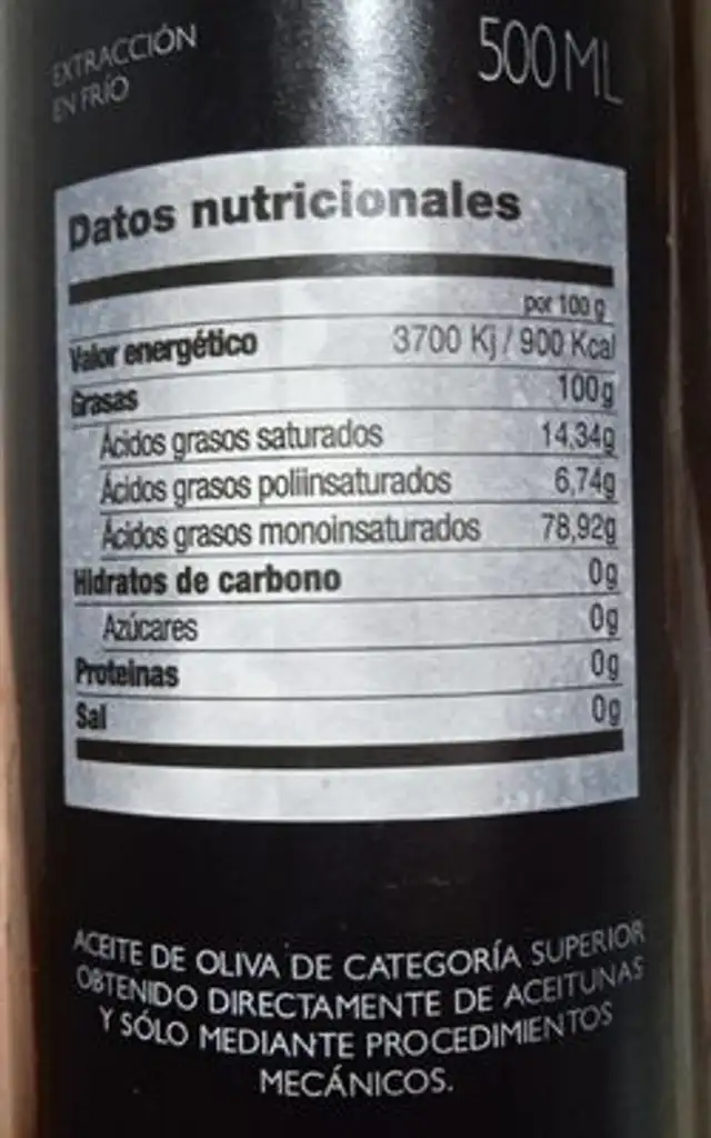 Aceite de oliva virgen extra nutrition facts table