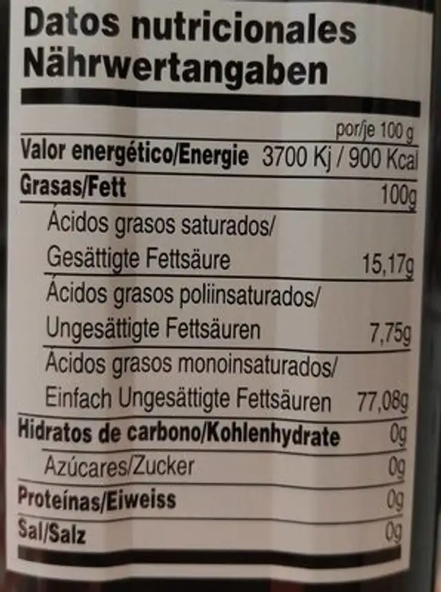 ARBEQUINA Aceite de oliva Virgen extra nutrition facts table