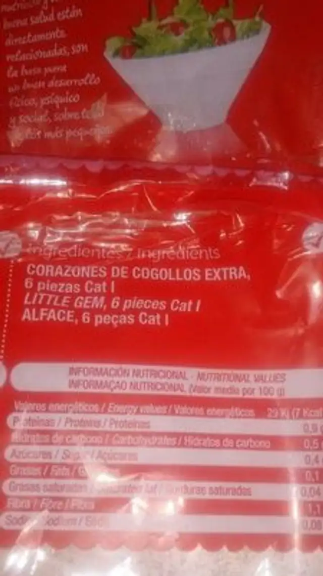 Corazones de Cogollos Extra ingredients label