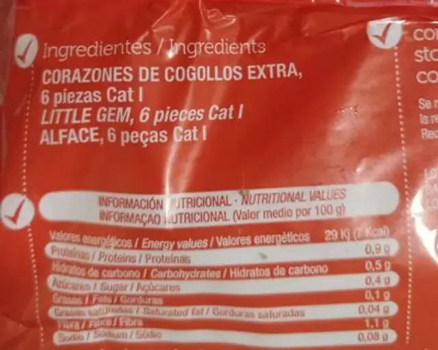 Corazones de Cogollos Extra nutrition facts table