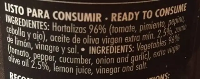 Gazpacho ingredients label