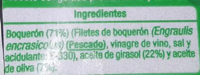 Boquerones en vinagre ingredients label