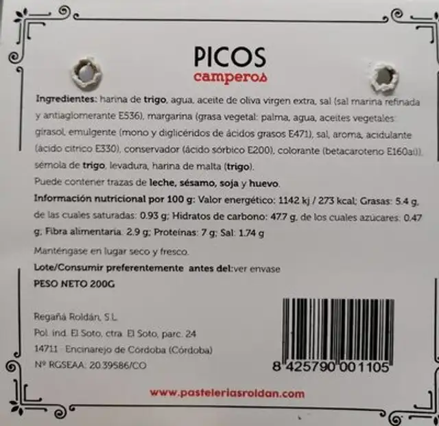 Picos camperos nutrition facts table