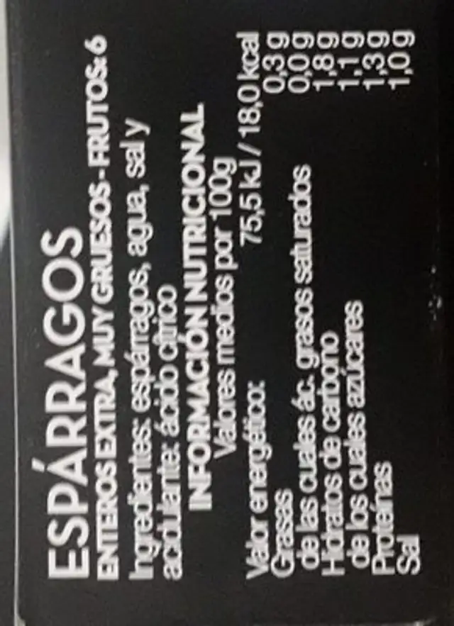 Espárragos Enteros Extra Muy gruesos nutrition facts table