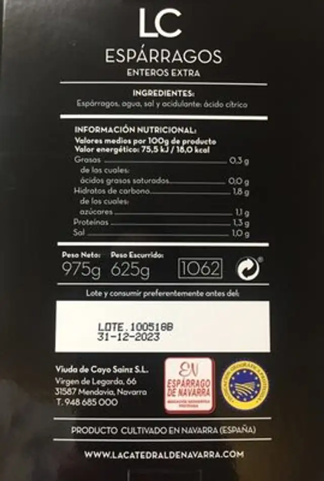 Espárragos blancos extra nutrition facts table