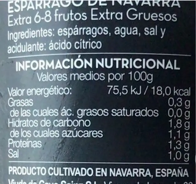 Esparragos blancos extra nutrition facts table