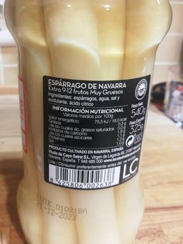 Espárragos nutrition facts table