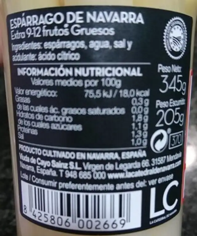 Esparragos LC nutrition facts table