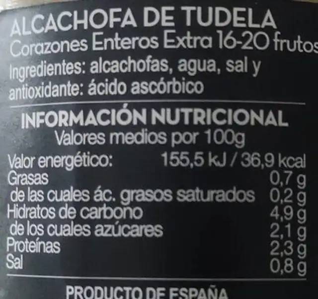 Alcachofas nutrition facts table