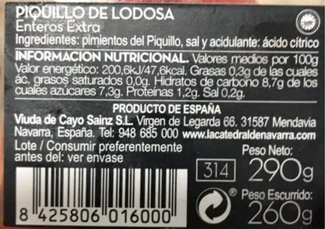 Pimientos de piquillo enteros extra nutrition facts table
