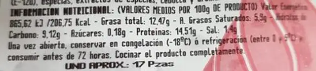 Mini Burger Meat Mixta 30gr nutrition facts table