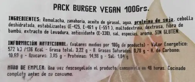 Pack burger vegan 100grs nutrition facts table
