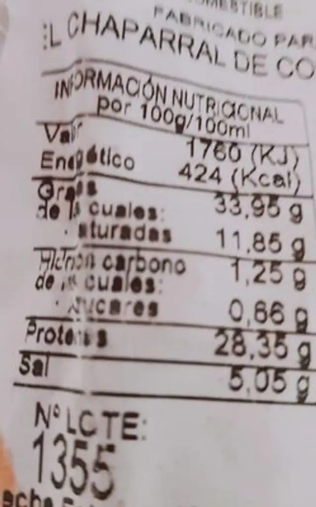 Salchichón extra nutrition facts table